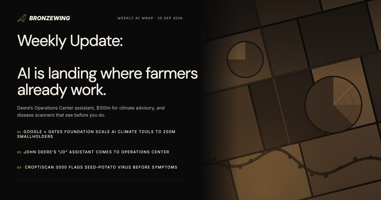 Bronzewing Weekly AI wrap — 25 Sep 2026. Weekly Update: AI is landing where farmers already work.